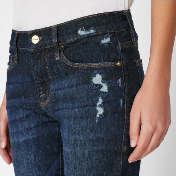 Frame Le Garcon Crop Chewed Hem Jeans Women’s 28 Dark Blue Wash Distress Stretch - Picture 3 of 16